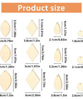 Unfinished Wooden Earring Blanks Set With Teardrop, Circle, Leaf, And Diamond Shapes, showing size dimensions for DIY jewelry making.