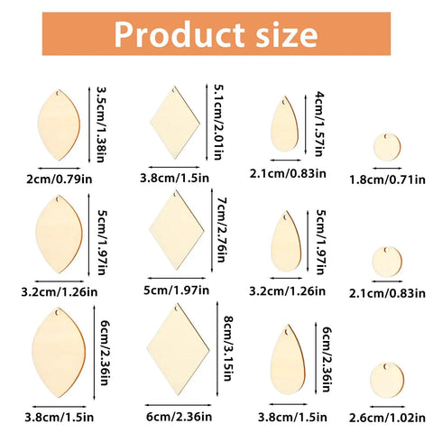 Unfinished Wooden Earring Blanks Set With Teardrop, Circle, Leaf, And Diamond Shapes, showing size dimensions for DIY jewelry making.