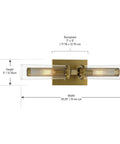 Emmerham Vanity Bath Light Two Light Fixture In Soft Brass 120 Total Watts 20.25 Inch Width By 5 Inch Height Dimmable Bathroom Vanity Lighting Includes Mounting Hardware. Front view with dimensions.