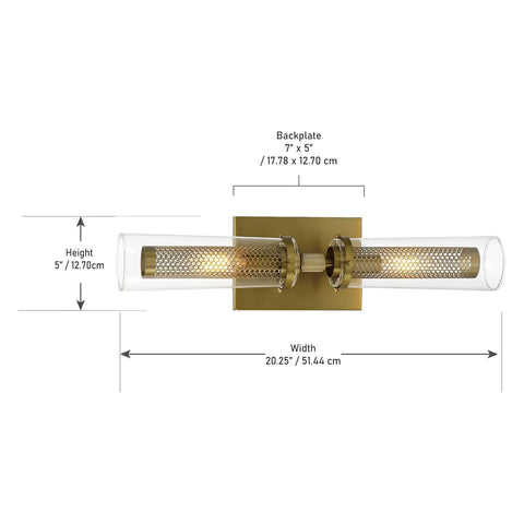 Emmerham Vanity Bath Light Two Light Fixture In Soft Brass 120 Total Watts 20.25 Inch Width By 5 Inch Height Dimmable Bathroom Vanity Lighting Includes Mounting Hardware. Front view with dimensions.