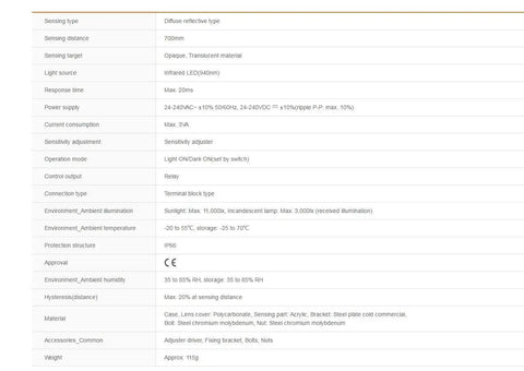 BX700-DFR Diffuse Reflective Photoelectric Sensor Pro Grade specifications table with sensing range, power supply, and material details