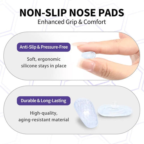 30 Pcs Anti Slip Silicone Nose Pads For Glasses With Hexagon Grip shows ergonomic silicone pads for comfort and grip.