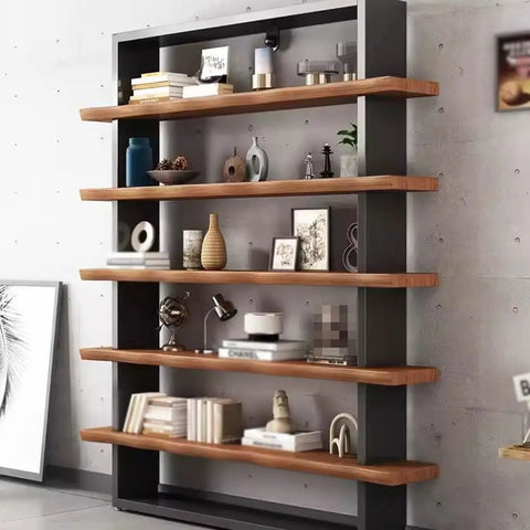 Rock Solid Industrial Bookshelf With Thick Solid Wood Shelves Five Tier Floor Standing Unit For Living Room Or Office Heavy Duty Metal Frame Storage Rack Top Shelf For Books Plants And Decor Zero Hassle Setup, displaying books and decor on wooden shelves.