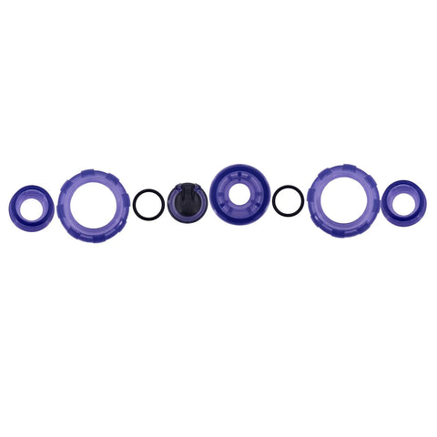3/4 inch UPVC check valve components arranged in a line with blue rings and black O-rings