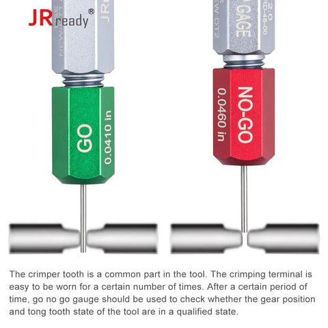 JRready M22520/2-01 Aviation Crimping Tool With Universal Positioner shows GO and NO-GO gauges for precise measurement.