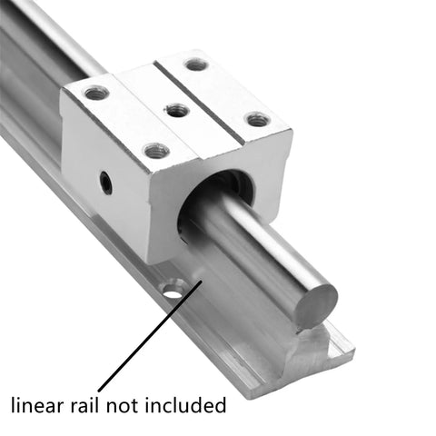 4 Pack SBR12UU Slide Block Kit for 12mm Linear Guide Rail, shown on guide rail with aluminum housing and precision bearings