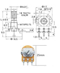 Technical diagram and 25mm rotary type from 20 Pack 10K Potentiometer Kit With Rotary And Linear Types, 3 Terminals, 20Mm Shaft, Nuts, Washers, Aluminum Alloy Knobs, Carbon Film Metal Construction, Pro Grade For DIY Electronics Projects.