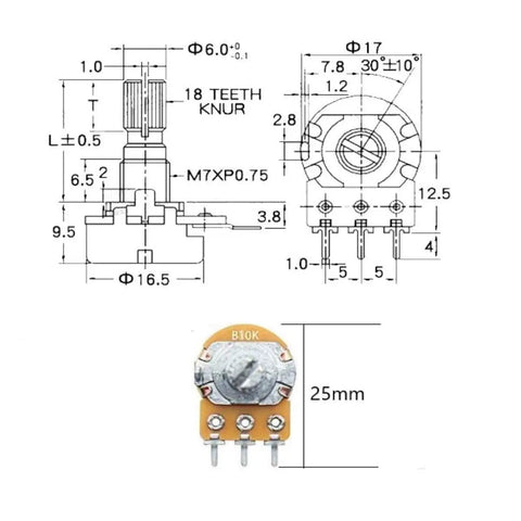 Diagram and photo of a B10K potentiometer from the 21Pcs Potentiometer Kit For DIYers With 7 Value Sets, showing dimensions and design.
