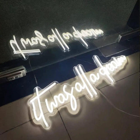 It Was All A Dream Neon Sign 3D LED Light with reflection on floor, 65X11 cm, cold white silicone tubes on acrylic backboard