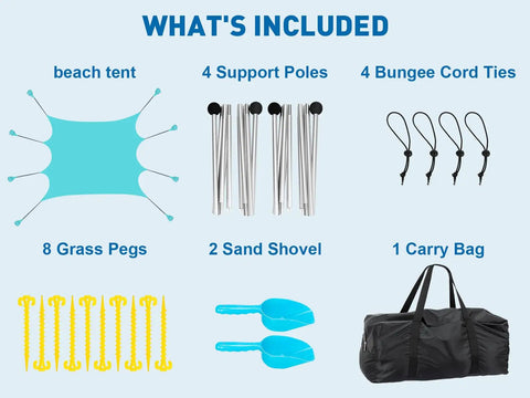 Massive 14 Ft By 11 Ft Beach Shade Canopy With Eight Sandbags, Upf 50+ Sun Shelter components including poles and carry bag