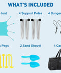 Roomy Fourteen By Eleven Foot Beach Sun Shelter With UPF50 Plus Protection accessories including poles, ties, pegs, shovel, and bag