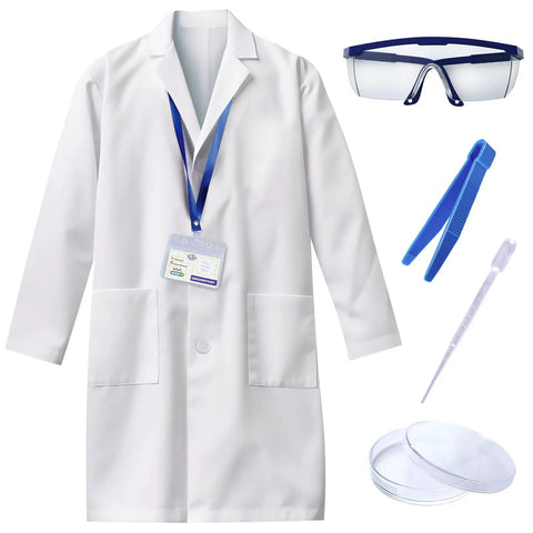 Totally Fun Kids Science Costume Lab Coat Kit With Goggles ID Card Petri Dishes Dropper And Tweezers For Pretend Play Dress Up