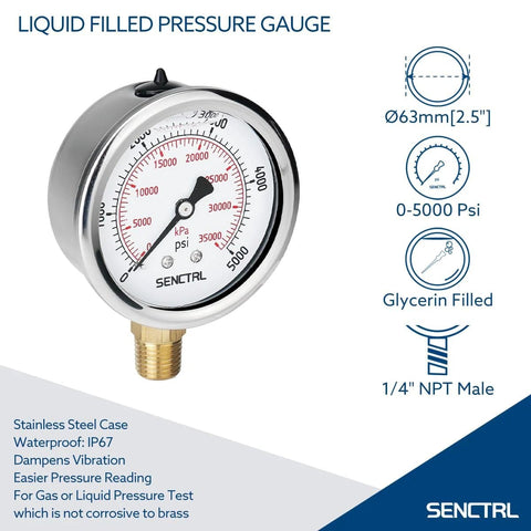 SenCTRL glycerin-filled pressure gauge, 2.5-inch dial, stainless steel case, 0–5000 psi, 1/4in NPT lower mount