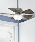 Matte silver 34 inch indoor ceiling fan with LED light, 5 blades, and pull chain in modern home office setting