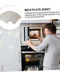 Man installing Microwave Mica Sheet Cover Set 6 Pcs Heat Insulation Waveguide Pad, shown with oven and mica plate illustration.