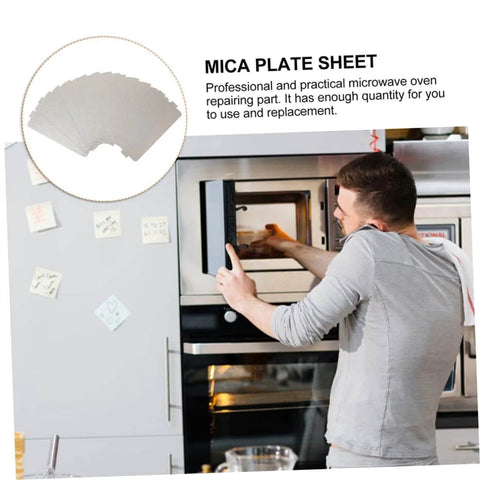 Man installing Microwave Mica Sheet Cover Set 6 Pcs Heat Insulation Waveguide Pad, shown with oven and mica plate illustration.