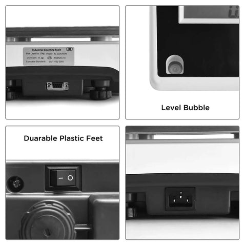 Image showcasing features of a 10Kg Digital Counting Scale with 0.1g Precision, including RS232 port, level bubble, and plastic feet.