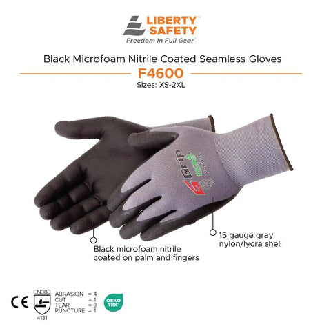 F4600 G Grip Micro Foam Nitrile Palm Coated Seamless Work Gloves with 15 Gauge Nylon Shell in Gray and Black