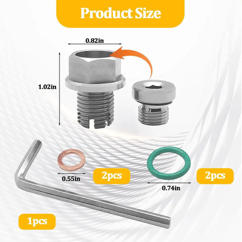 Fix Leaky Oil Pan Fast With This Awesome Oversized Stainless Steel Piggyback M14 1.5 Drain Plug That Seals Tight Like A Boss Perfect For Sedans And Motorcycles With Included Wrench Washer And O Ring. Product size diagram with M14x1.5 drain plug and wrench, washers, O rings