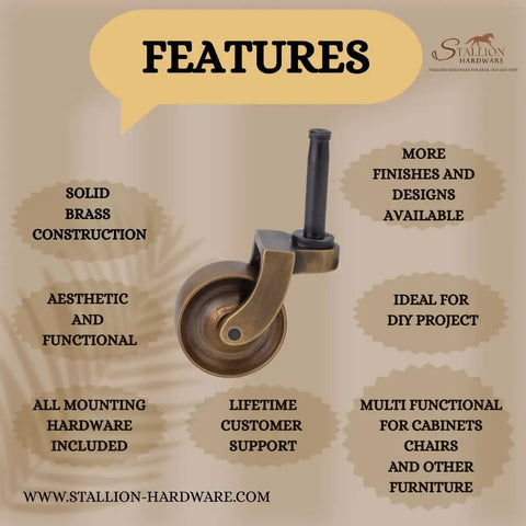Heavy Duty Antique Brass Replacement Caster Wheels Smooth As Butter Rolling For Furniture close-up showing features and solid brass design.