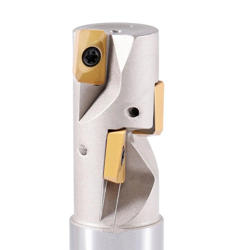 Three Quarter Inch One Flute Weldon Shank Helical Indexable End Mill APKT11T3 Inserts For Slotting And Finishing, Overall Length Three Point Five Inches, Flute Length One And Three Thirty Seconds Inches, Four Inserts, Heavy Duty Ninety Degree Cutter