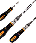 Ratcheting Screwdriver And Socket Set With Precision Bit Kit Rotatable Ratchet Handles And Storage Case Ultimate Diy Household Repair Kit For Bikes Watches Glasses And Phones, showcasing interchangeable bits and ergonomic handles.