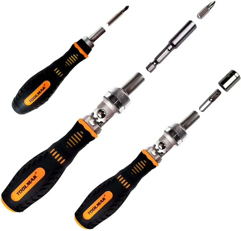 Ratcheting Screwdriver And Socket Set With Precision Bit Kit Rotatable Ratchet Handles And Storage Case Ultimate Diy Household Repair Kit For Bikes Watches Glasses And Phones, showcasing interchangeable bits and ergonomic handles.