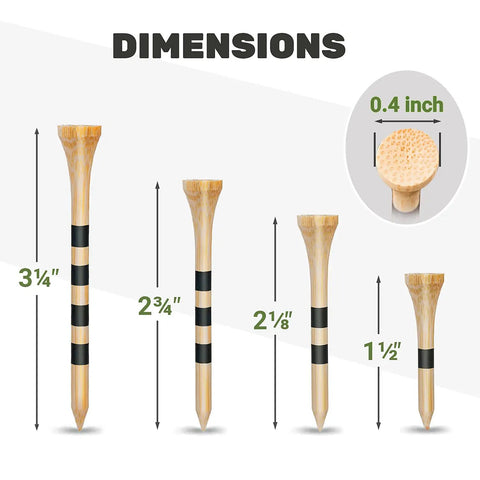 Multiple sizes of bamboo golf tees with black stripe, highlighting 3.25 inch length for 150 Pack Bamboo Golf Tees 3.25 Inch Long, Durable Eco Friendly Tees With Black Stripe Height Marker For Quick Setup, Stable And Reliable Drives, Great For Consistent Shots And Practice On Every Hole.