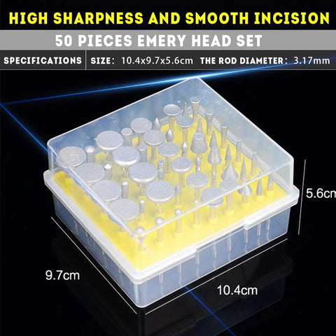 Front view: Oudtinx 50-piece diamond-coated grinding burrs set in clear plastic case with yellow insert.