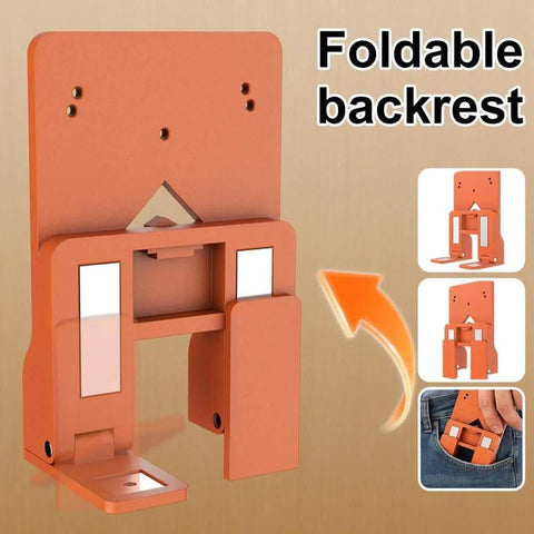 Foldable orange backrest with compact design, shown folded, expanded, and fitting in a pocket; includes metal supports.