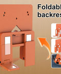 Orange foldable backrest with compact design, fold positions, and portable use shown in a back pocket.