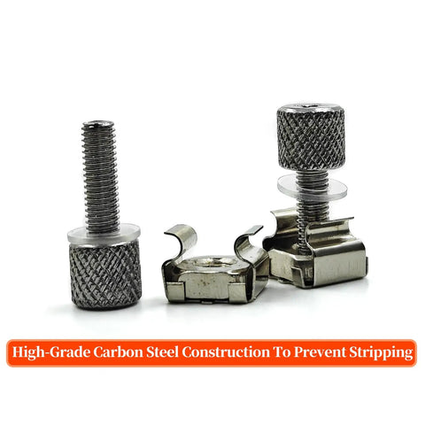 Close-up of 25 Pack Tool Free Hand Twist Rack Screws And 19 Inch Square Hole Cage Nuts Kit, showing carbon steel screws and nuts for AV cabinets.