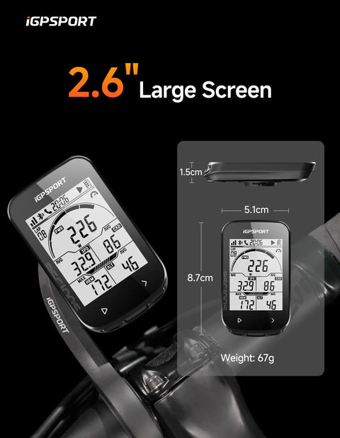 GPS Bike Computer With Wireless Connectivity And 2.6 Inch LCD Display, mounted on a bicycle handlebar, showing metric data.