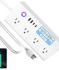 Slick Smart Power Strip With Four Independently Controlled AC Outlets For A Clean Home Office Setup And Total No Sweat Pairing With Apple Home Alexa And Google Assistant, showing AC sockets and USB ports.