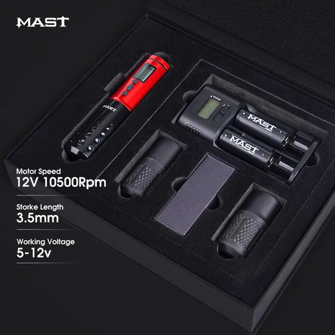 Cordless Tattoo Pen Kit With Rotary Cartridges Dual Batteries Custom Coreless Motor Power Supply High Precision Liner Shading Blend Pro Grade For Tattoo And SMP Smooth Run, red and black