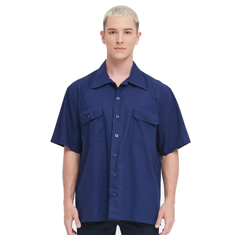 Men's Short Sleeve Work Shirt In Navy Blue Cotton Poly Blend Durable Button Front Uniform Features Double Chest Pockets Built Hella Tough For The Daily Grind And Extra Large Cut, front view.