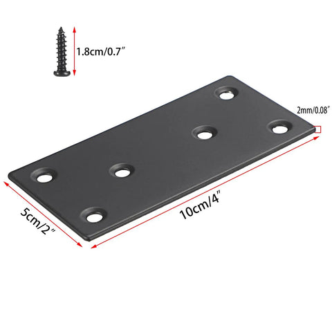 Heavy Duty Stainless Steel Mending Plates 12 Pack Black Finish Straight Brackets With Screws, 4x2 inches dimensions and countersunk holes.