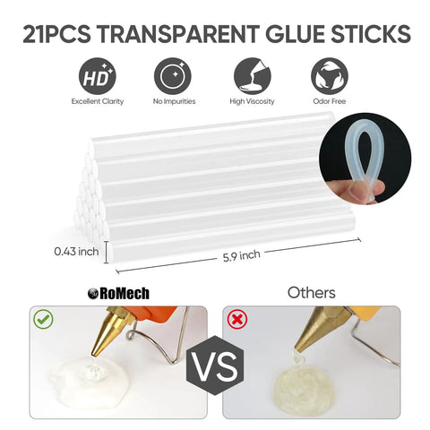 21 transparent glue sticks for Dual Power Hot Glue Gun With 60W And 100W Settings, odor-free and high viscosity, bright orange.