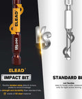 Front view of ELEAD impact bit packaging, showing S2 steel 6mm hex bit and a standard bit beside it.