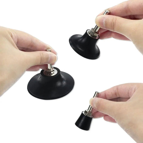Hands holding Five Pack Disc Pad Holder Set With Quick Change 1 Inch 2 Inch 3 Inch Pads, One Quarter Inch Shank For Die Grinder Accessories