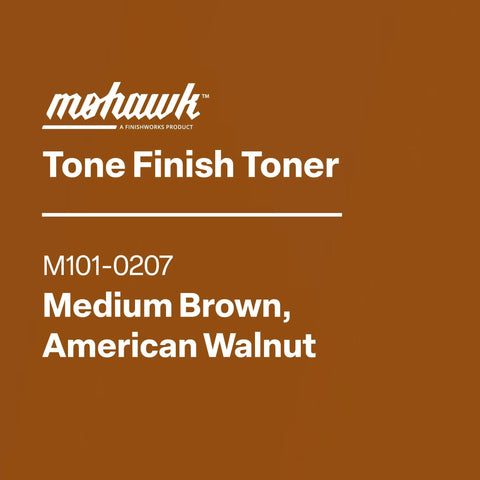 Medium Brown American Walnut Wood Finish Toner Aerosol Spray For Furniture Touchup displayed on a brown background.