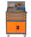 Rolling Tool Cart With Drawers Tool Box Organizer For Auto Repair And Workshop Use Built From Thick Steel With Rust Resistant Finish Includes Top Tray And Interior Liners For Scratch Protection Great For Garage And Warehouse, front view showing pegboard with tools.