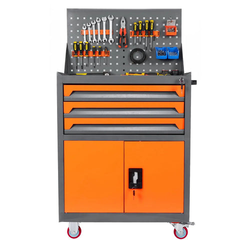 Rolling Tool Cart With Drawers Tool Box Organizer For Auto Repair And Workshop Use Built From Thick Steel With Rust Resistant Finish Includes Top Tray And Interior Liners For Scratch Protection Great For Garage And Warehouse, front view showing pegboard with tools.