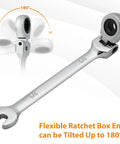 One Quarter Inch Flex Head Ratcheting Wrench With Open End And Box End, 72 Tooth, 12 Point, Industrial Grade Chrome Vanadium Steel, SAE