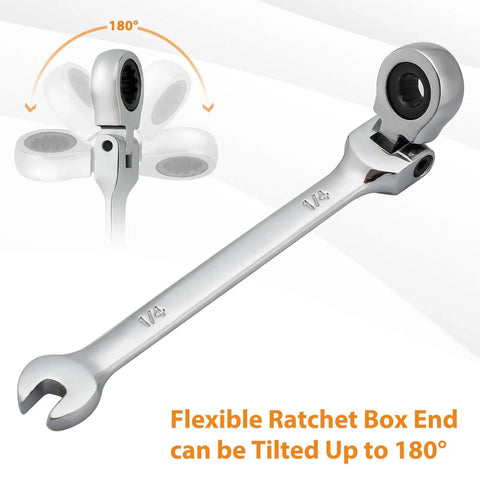 One Quarter Inch Flex Head Ratcheting Wrench With Open End And Box End, 72 Tooth, 12 Point, Industrial Grade Chrome Vanadium Steel, SAE