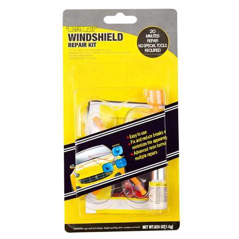 Front view of Pro Grade Windshield Crack Repair Kit Four Pack With Enhanced Injection Head and Suction Cup packaging.