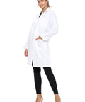 Model wearing Unisex 40 Inch Lab Coat With Long Sleeves White Professional Medical Coat breathable 65 35 poly cotton blend