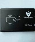 RFID Card Reader 13.56 MHz USB M1 S50 Reader Plug And Play for access control, featuring hand and card icon on black device