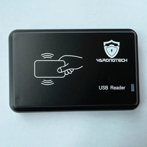 RFID Card Reader 13.56 MHz USB M1 S50 Reader Plug And Play for access control, featuring hand and card icon on black device