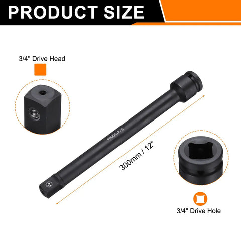 Heavy Duty Built Tough Three Quarter Inch Square Drive Socket Extension Bar, 12 Inch Length, CR-V Steel with Black Phosphate Finish, Impact Wrench Adapter for Axle Nut Sockets and Ratchet Drivers, 3/4 drive, 12in